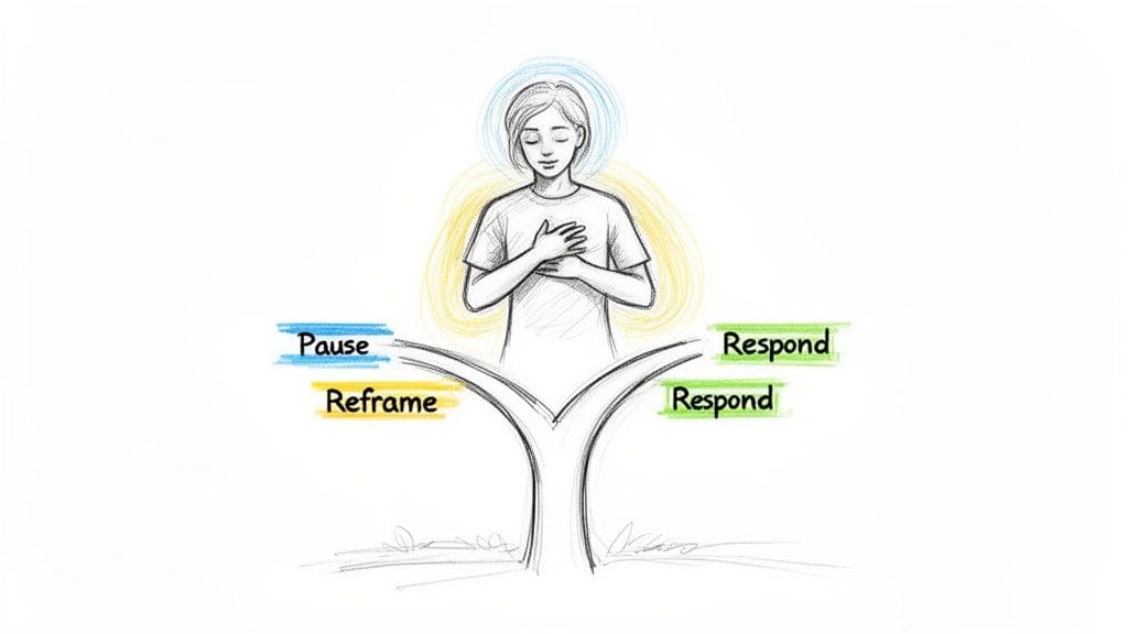 Illustration of a person facing a choice, with 'Pause, Reframe' on one path and 'Respond' on the other, showing decision-making process.