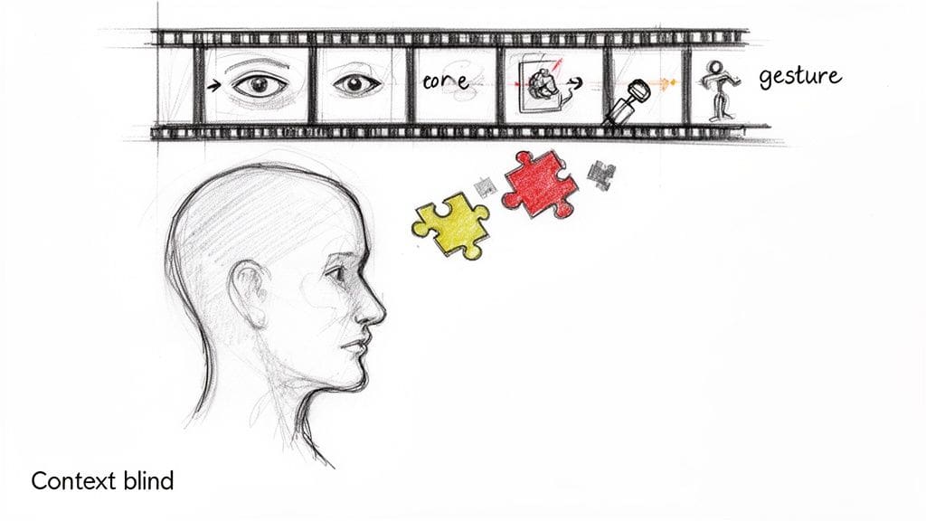 Hand-drawn illustration: a filmstrip of concepts above a head, with fragmented puzzle pieces, labeled 'Context blind' showing cognitive processing challenges.