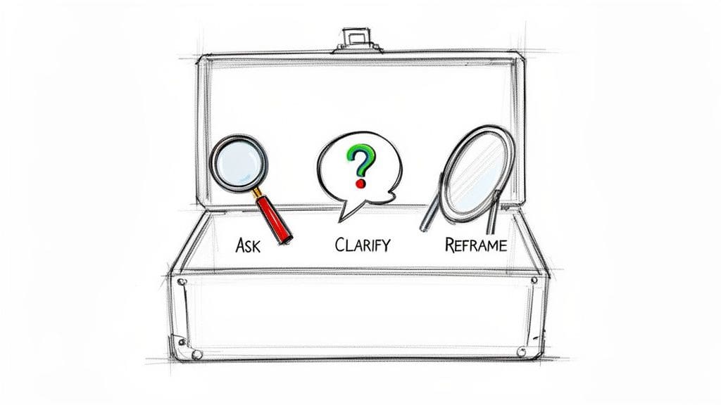 A sketch of an open briefcase with a magnifying glass, question mark, and mirror, labeled Ask, Clarify, Reframe showing tools for understanding.