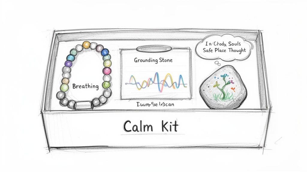 A hand-drawn sketch of a 'Calm Kit' box containing a breathing bracelet, a grounding stone display, and a thought rock for emotional regulation.