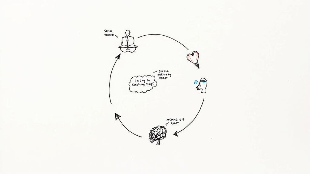 Person looking thoughtfully at a diagram showing the connection between thoughts feelings and actions