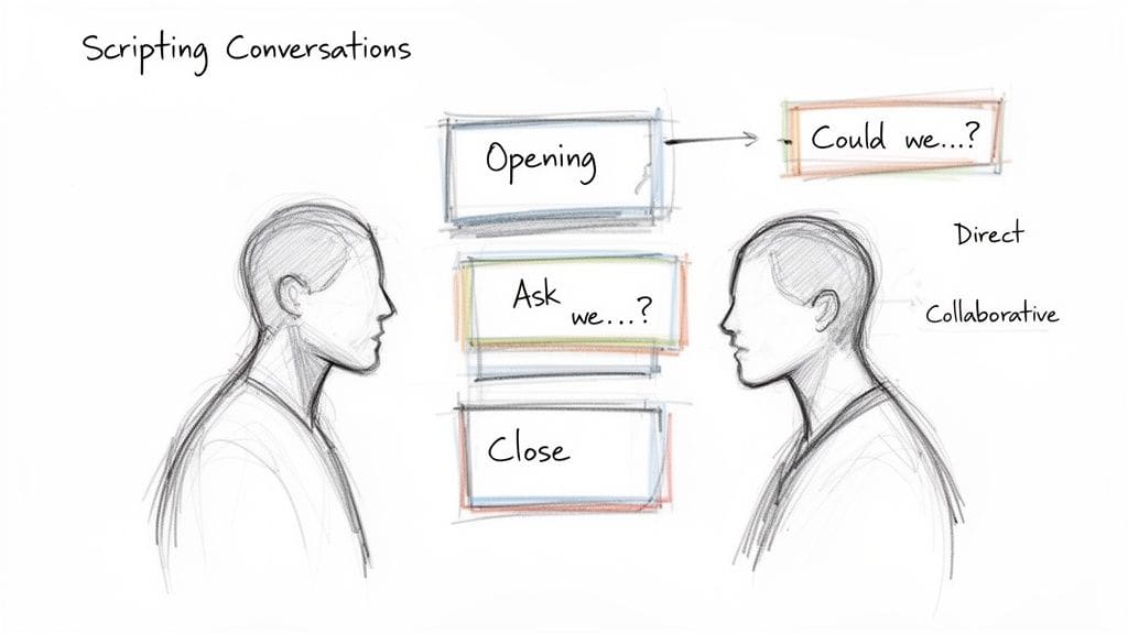A diagram illustrates 'Scripting Conversations' with two profiles, outlining opening, asking, and closing stages for direct and collaborative dialogue.