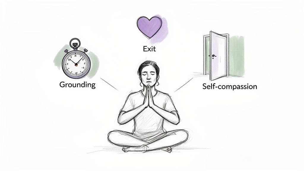 Illustration of a meditating person surrounded by concepts: grounding (stopwatch), exit (heart), and self-compassion (door) for managing stress.