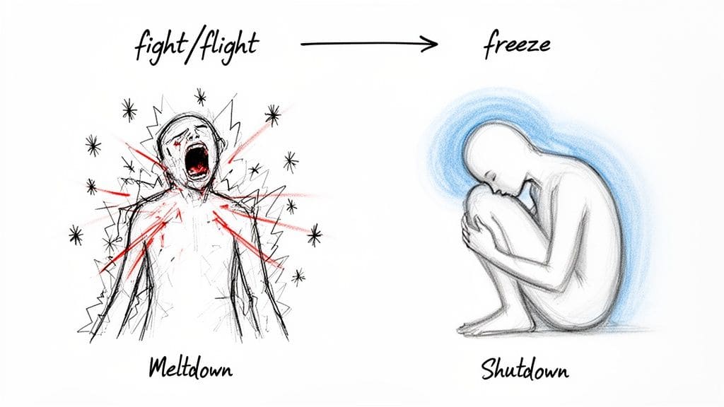 Illustration depicting a screaming person in 'Meltdown' (fight/flight) transitioning to a curled 'Shutdown' (freeze) state showing nervous system responses.