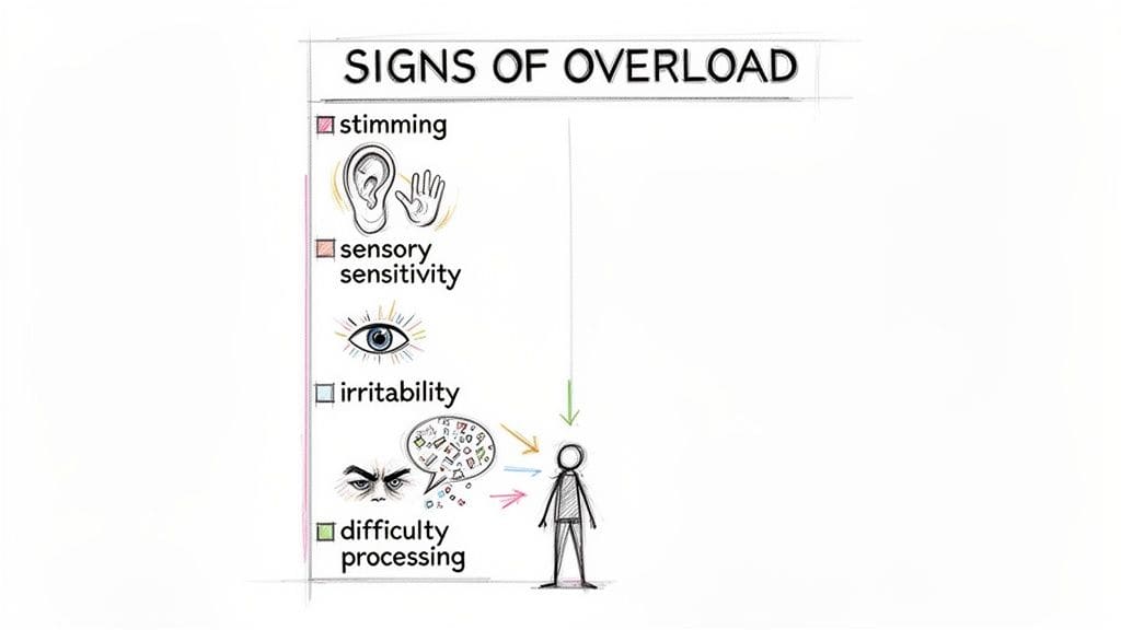 An illustration listing signs of overload: increased stimming, sensory sensitivity, irritability, and difficulty processing information.