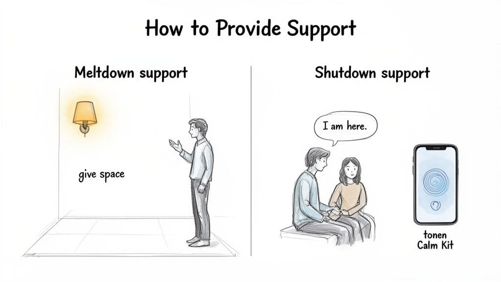 Two panels illustrating support for autistic meltdowns (give space) and shutdowns (be present, calm kit) showing different support approaches.