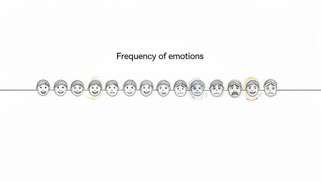 A line of diverse cartoon faces displaying various emotions, some highlighted by colorful scribbles, illustrating the frequency of emotions concept.