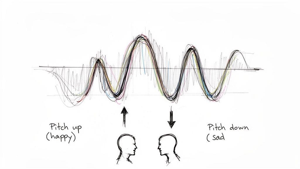 Hand-drawn graph illustrating sound pitch variations linked to happy and sad human emotions with wave patterns.