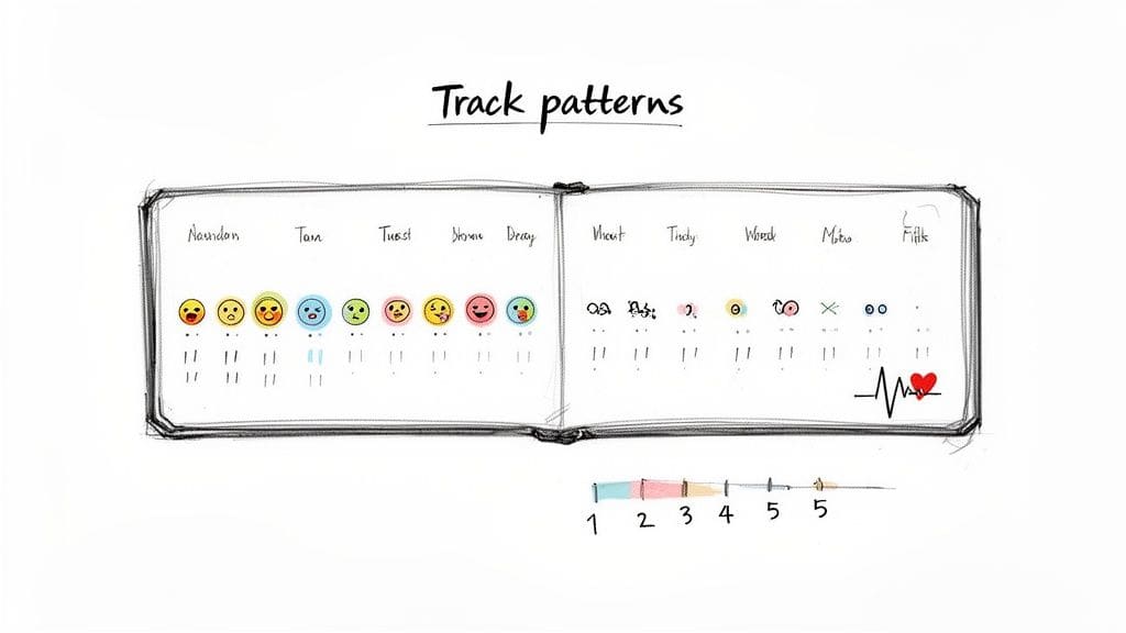 Illustrated notebook tracking emotional patterns, abstract data, and health with an ECG line and wellness symbols.