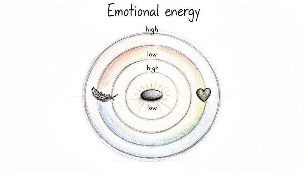 Emotional energy chart showing high and low levels with symbolic feather, stone, and heart representing different emotional weights.