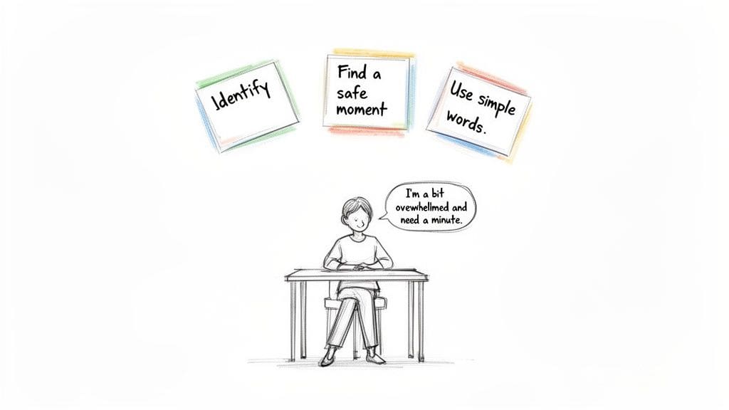 An illustration of a person feeling overwhelmed, with thought bubbles showing various emotions and strategies for expressing feelings calmly.