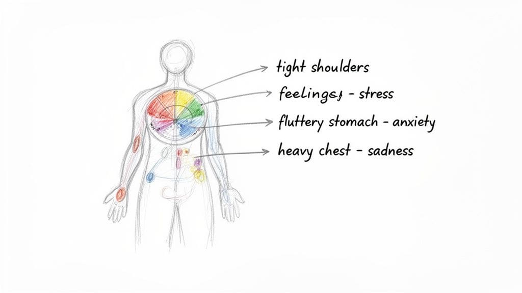 A diagram illustrating a human body with various emotional feelings and their physical manifestations like stress, anxiety, and tension in different body parts.