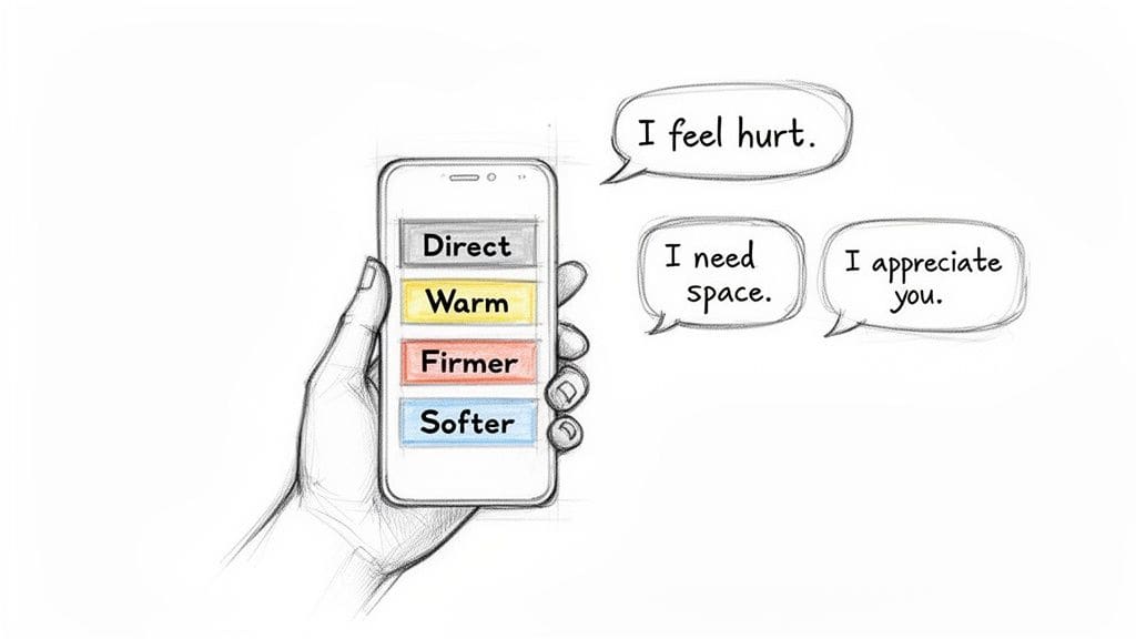 Hand holding a smartphone with buttons for different communication styles like warm, direct, and softer, alongside speech bubbles expressing emotions.
