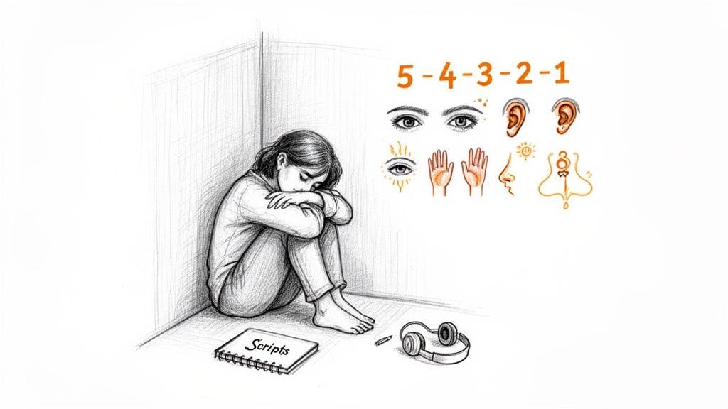 A distressed person curled in a corner, with illustrations of the 5-4-3-2-1 grounding technique using the five senses to manage overwhelm.