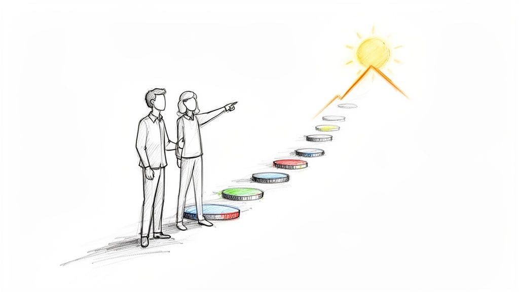 Sketch of two people working together, one pointing toward colorful stepping stones leading to a mountain peak with a sun, representing progress and guidance.