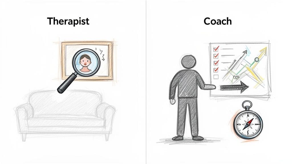 Illustration comparing a therapist's focus on past introspection and healing with a coach's forward-looking guidance toward future goals and skills.