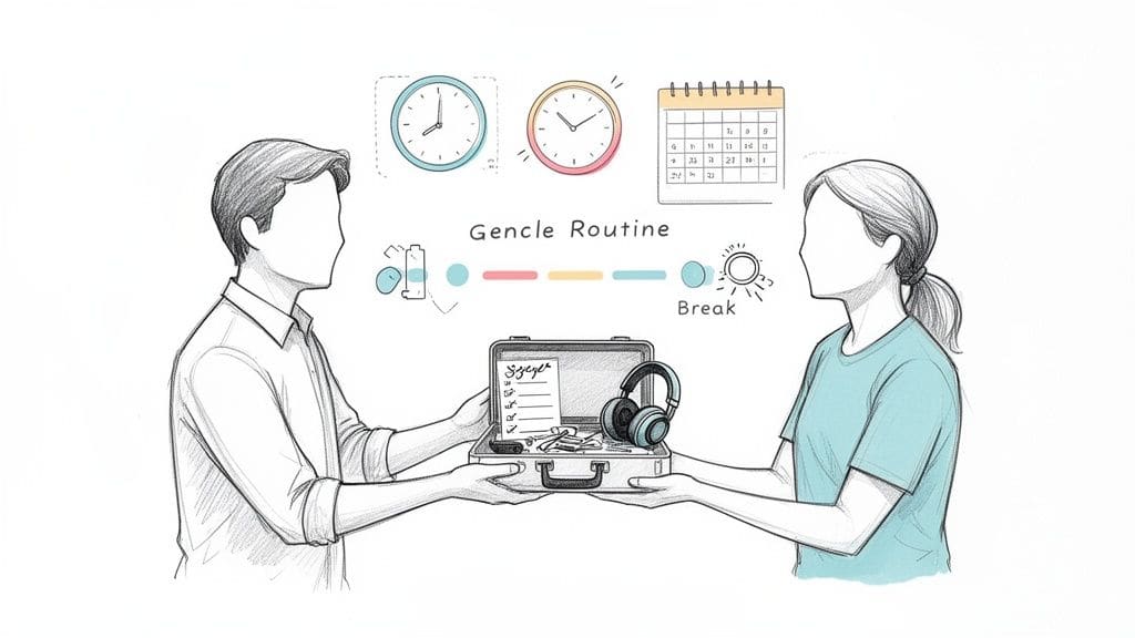 Two faceless people exchange a briefcase with headphones and a checklist, depicting collaboration on building a personalized daily routine.