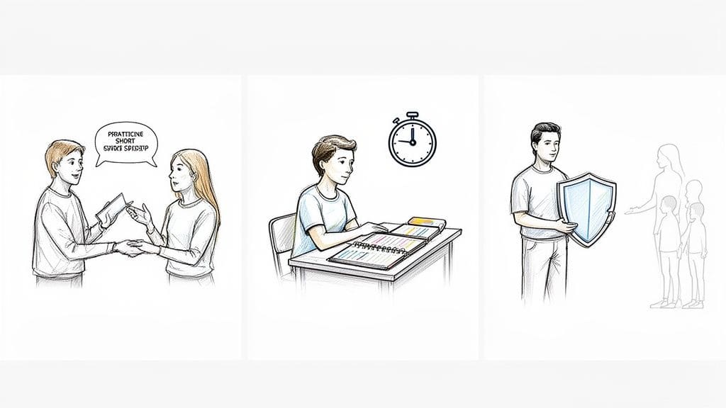 Illustration depicting mental health coaching steps: a coach sharing guidance, a person practicing skills, and providing support and protection.