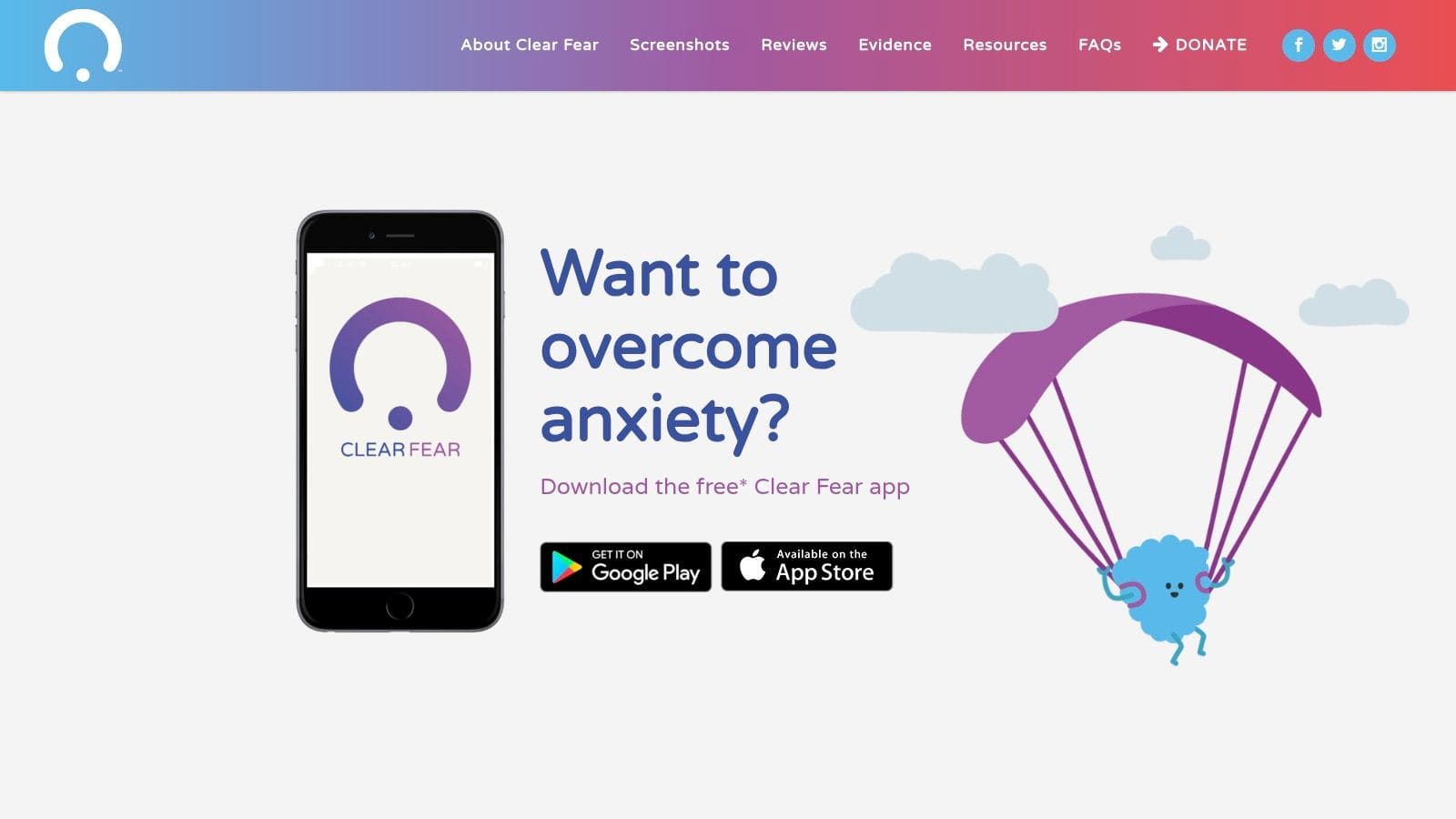 Screenshot of the Clear Fear app showing CBT-based tools for managing anxiety symptoms and fear responses in a youth-friendly interface.
