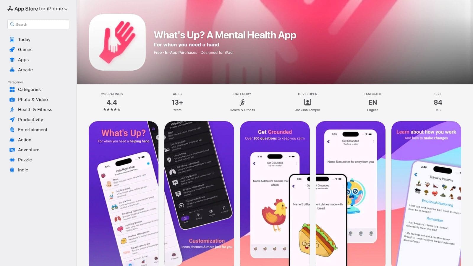 Screenshot of the What's Up? mental health app showing CBT and ACT-based tools for immediate anxiety relief without account creation.