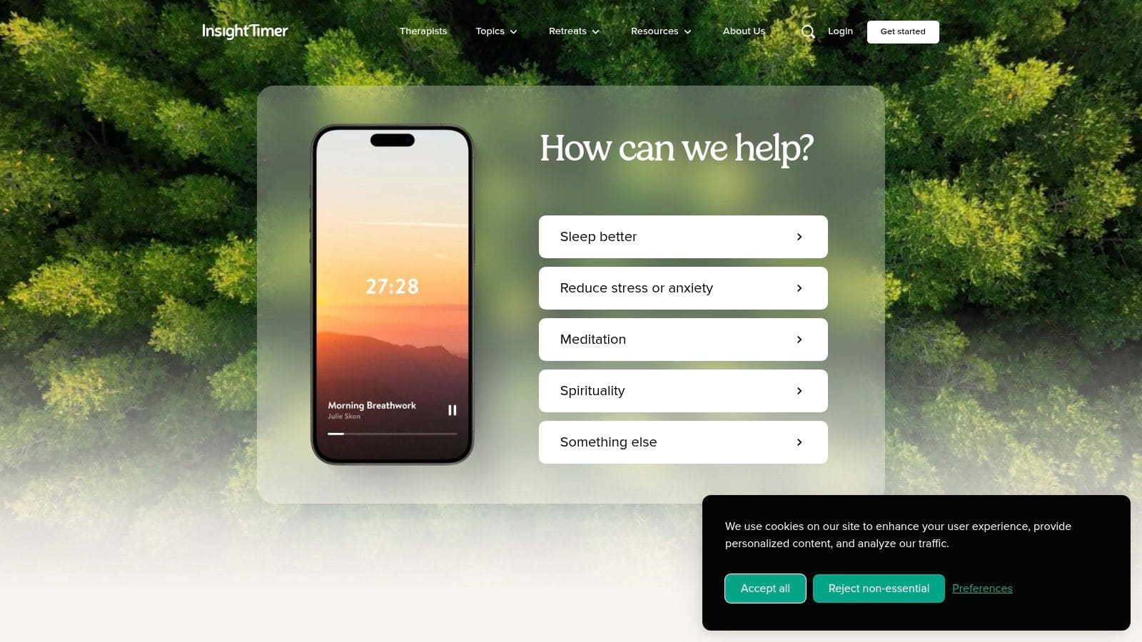 Screenshot of the Insight Timer app showing a meditation library with various guided sessions and tracks for anxiety management.