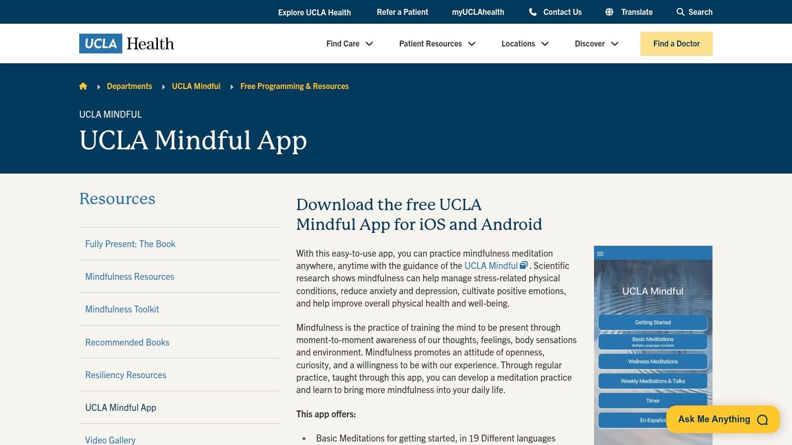 Screenshot of the UCLA Mindful app interface showing a clean, simple design with guided meditation options.