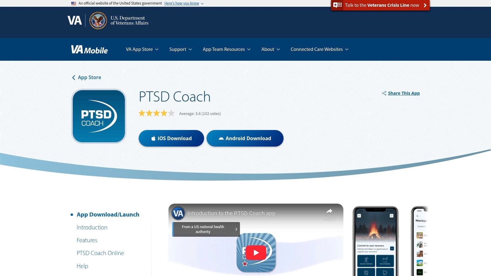 Screenshot of the PTSD Coach app showing symptom management tools and coping exercises for anxiety and stress.