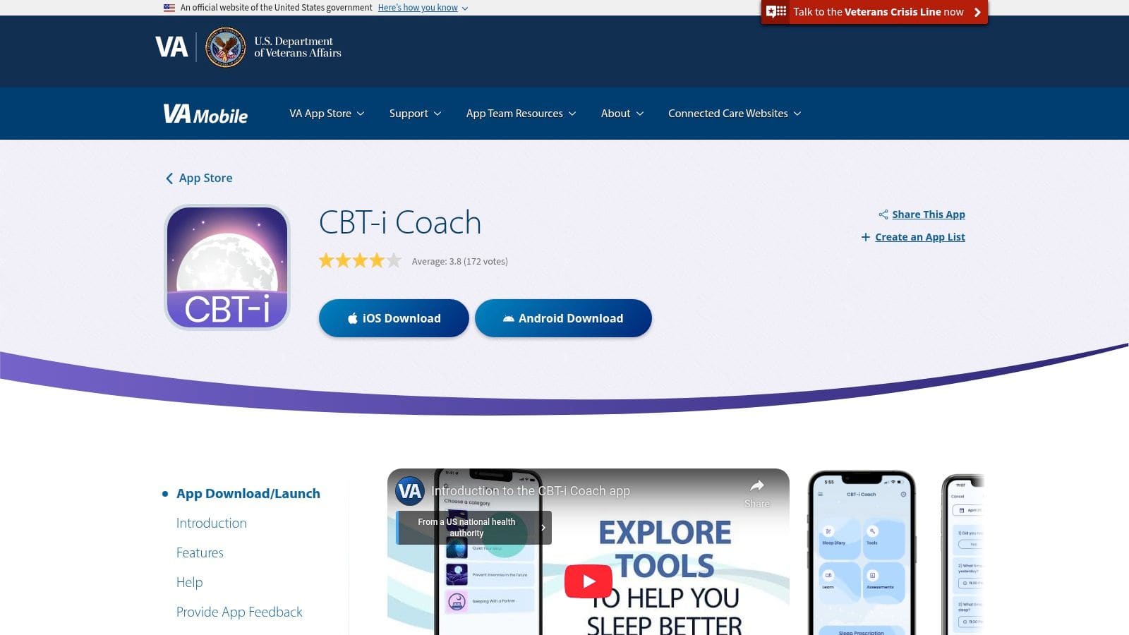 Screenshot of the CBT-i Coach app showing a sleep diary and tools for managing insomnia through cognitive behavioral therapy.