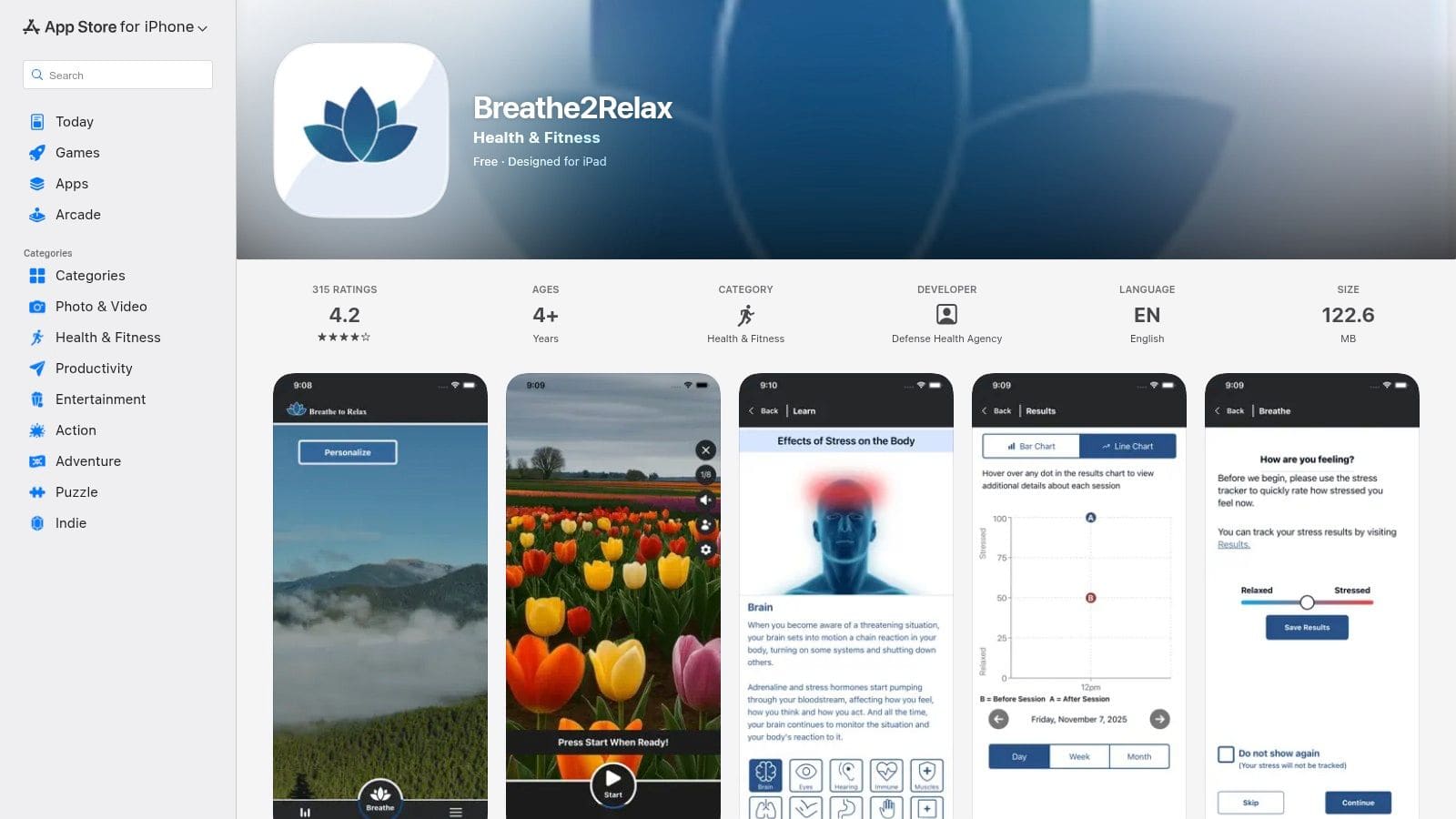 Screenshot of the Breathe2Relax app showing guided breathing exercises with customizable visual and audio cues for stress relief.