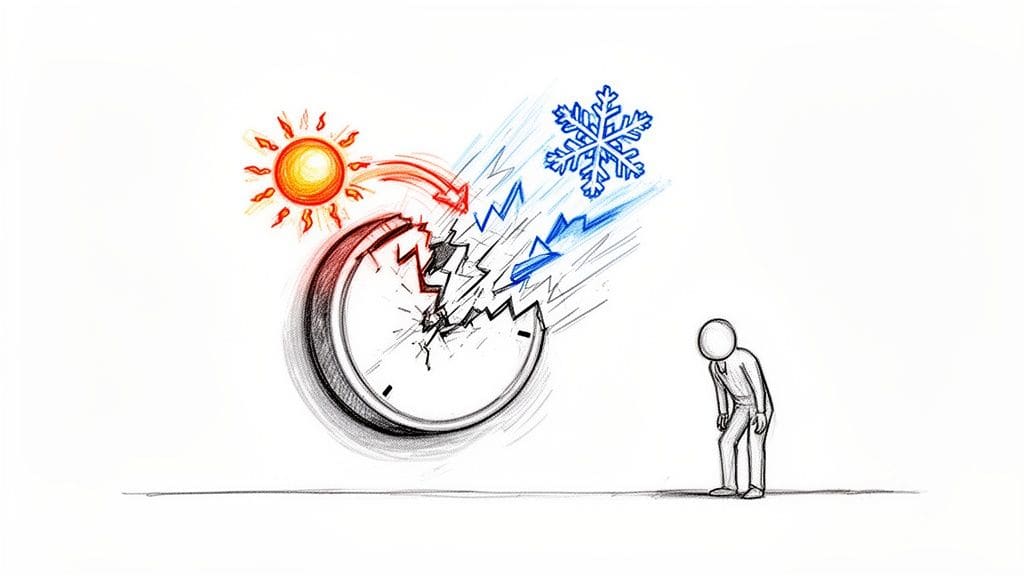 A broken clock with sun and snowflake icons representing a disrupted emotional cycle affecting a dejected person sitting nearby.