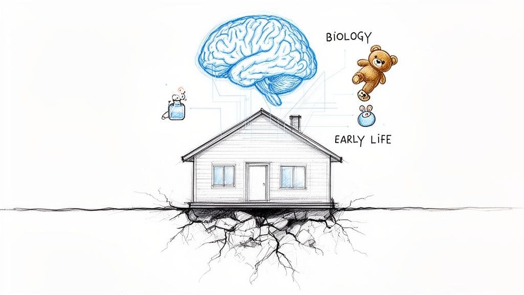 A diagram showing a house with cracked foundations, connected to a brain, biology symbols, and early life factors representing root causes.