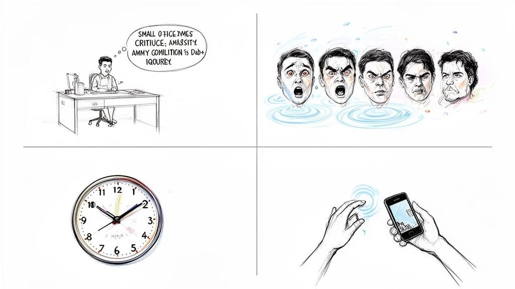 Four panels illustrating modern adult life challenges: office work, faces showing emotional distress, a clock representing time pressure, and smartphone interaction.
