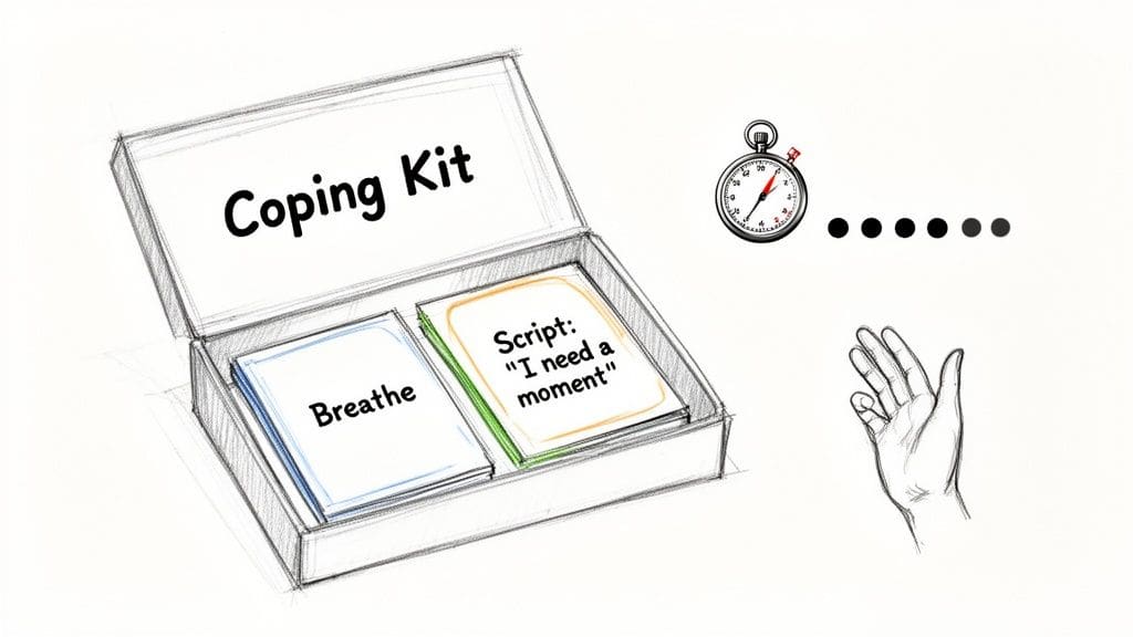 A coping kit box containing 'Breathe' and 'Script: I need a moment' cards, a stopwatch, and a supportive hand reaching in.