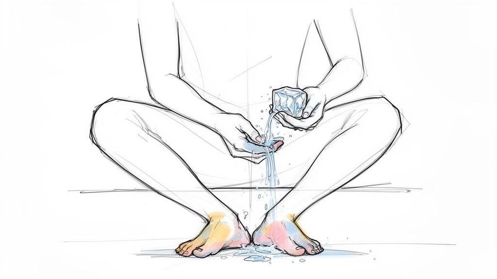 A person sits cross-legged, melting an ice cube over their hands and feet, with colorful splashes representing sensory grounding.