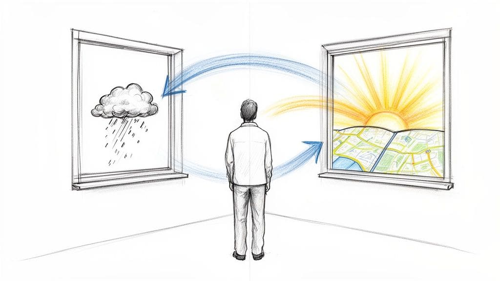 A person stands between two windows, one showing a rain cloud, the other a sunny map, symbolizing changing perspectives and reframing thoughts.