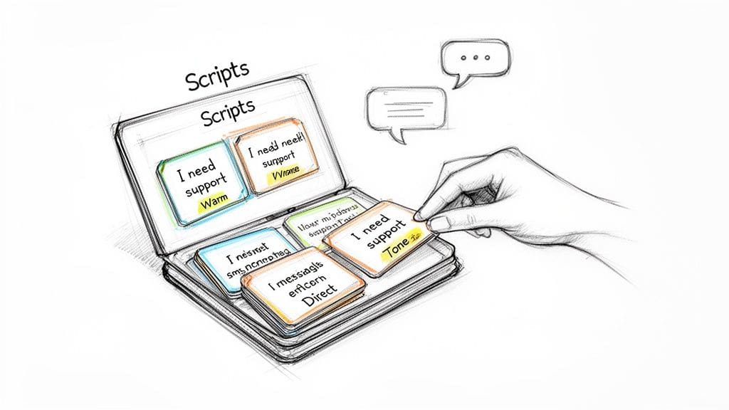 A hand selects a 'Scripts' card with 'I need support Tone' from an open case, symbolizing communication choices for asking for help.