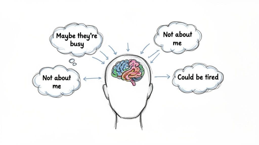 A person's head with a colorful brain, surrounded by thought bubbles showing different perspectives and emotional regulation strategies.