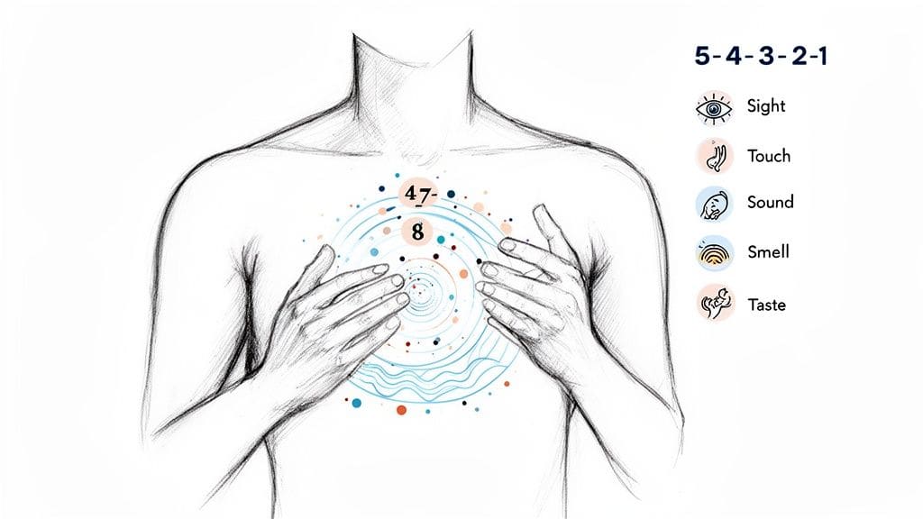 A sketch of a person's upper body with hands on chest, colorful swirling patterns, and a list of the five senses for sensory grounding.