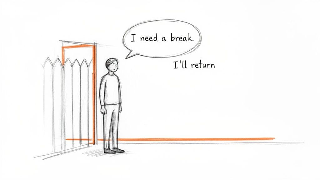 A person stands by a fence and doorway, saying 'I need a break. I'll return.' representing an emotional break and boundary-setting.