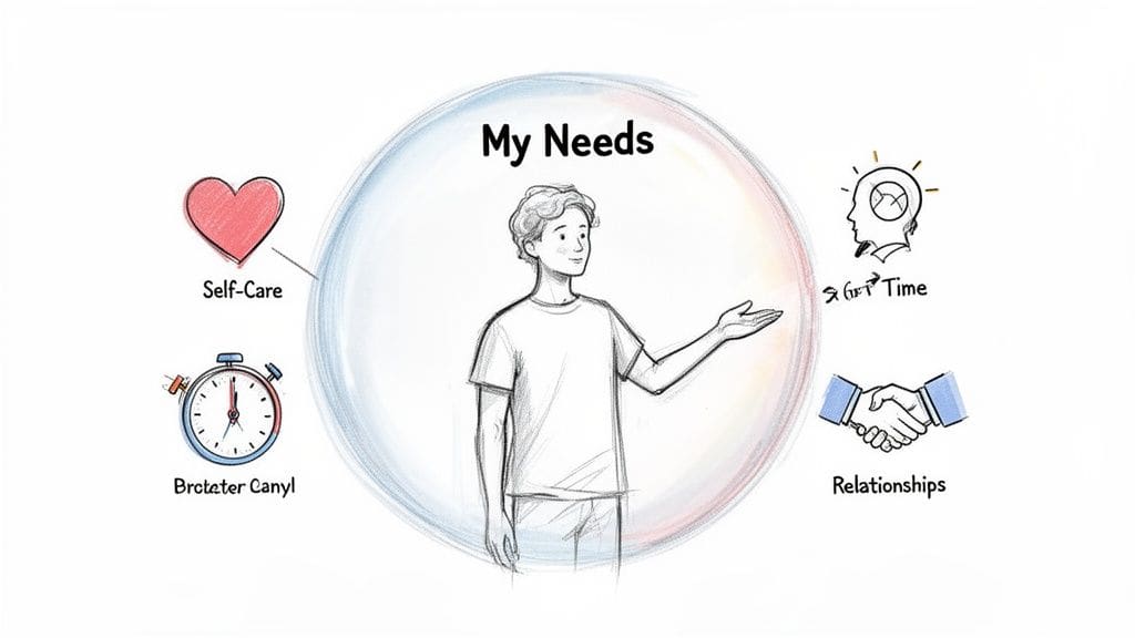 An illustration of a person surrounded by thought bubbles showing 'My Needs', including self-care, time, and healthy relationships.