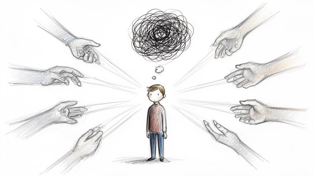 Illustration of a person overwhelmed by many hands reaching out with demands and requests, with a confused expression representing mental overload.