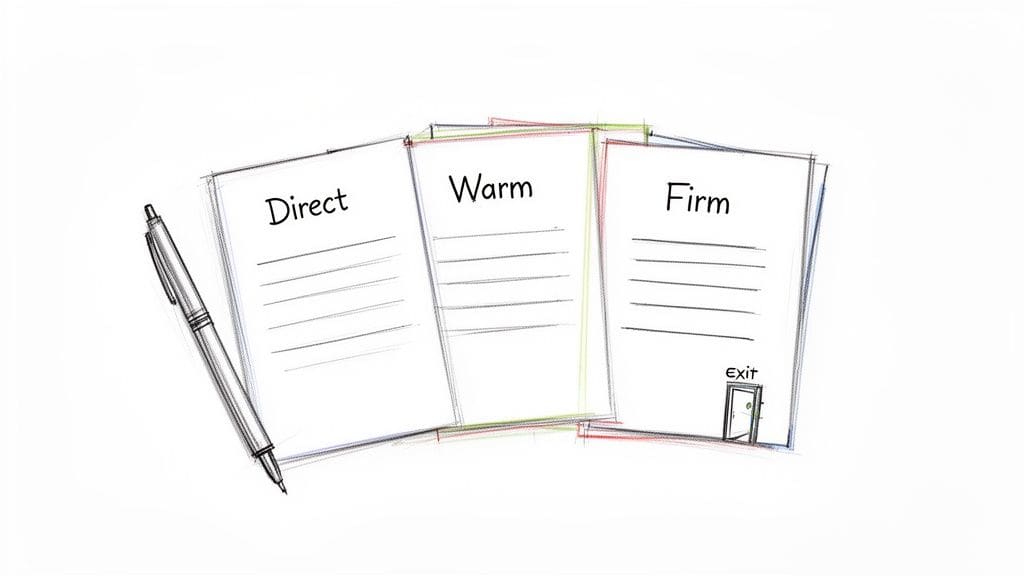 Three hand-drawn papers labeled Direct, Warm, and Firm, with a pen, depicting different communication styles for boundary-setting.