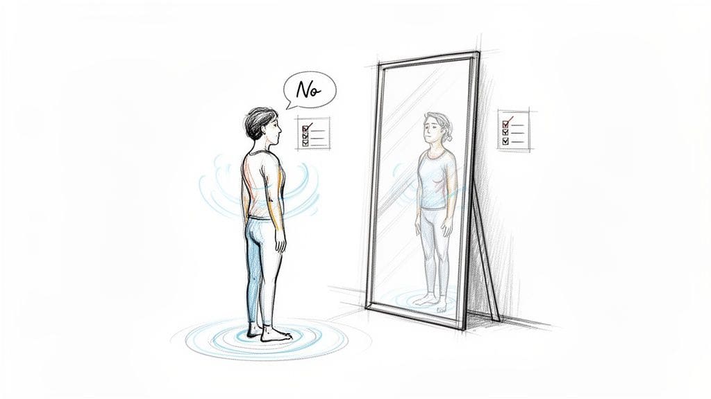Illustration of a woman looking at her reflection in a mirror, confidently saying 'No' while reviewing a mental checklist of priorities.