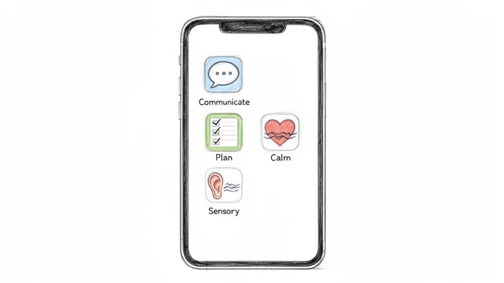 A smartphone screen displays four labeled apps: Communicate, Plan, Calm, and Sensory, representing daily support tools for autistic adults.