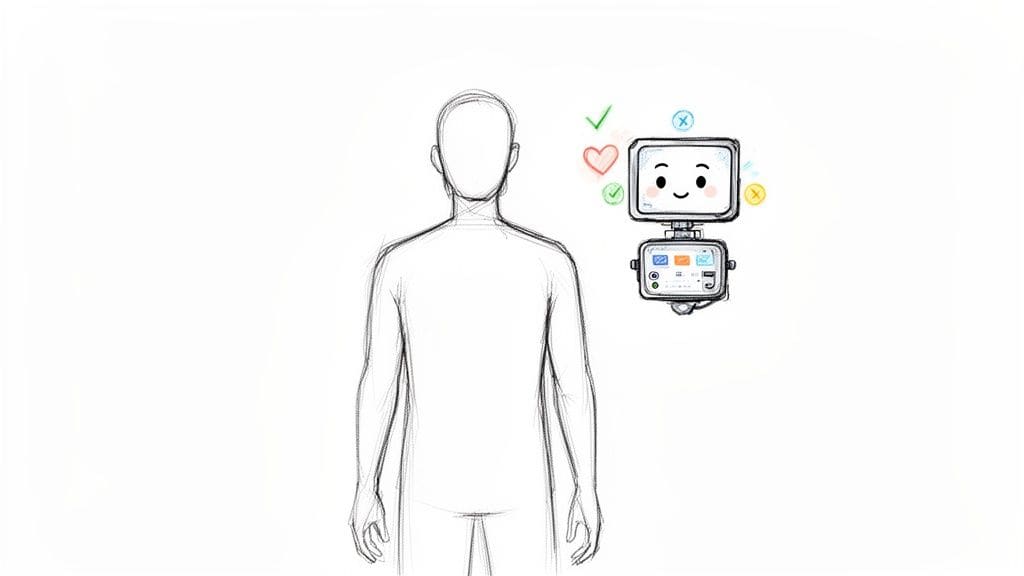 Sketch of a person with a robot companion displaying app icons and feedback symbols for technology-assisted support.
