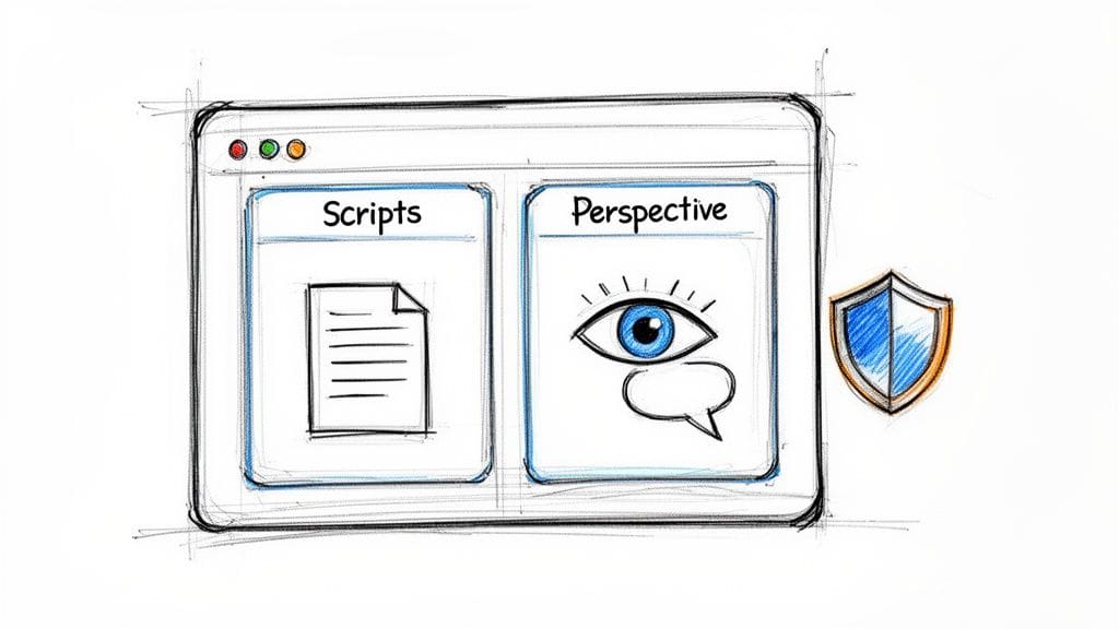 A sketch of a browser window with 'Scripts' (document icon) and 'Perspective' (eye icon) sections, next to a shield icon representing privacy and security.