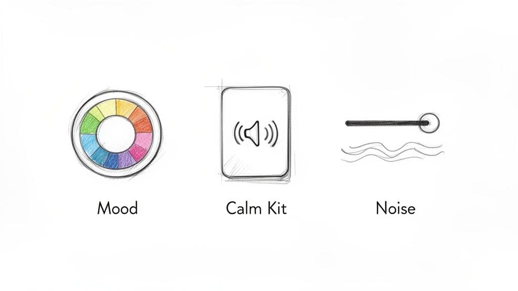 Three hand-drawn icons for mood tracking, calm kit, and noise settings, including a color wheel and speaker symbol for emotional and sensory regulation.