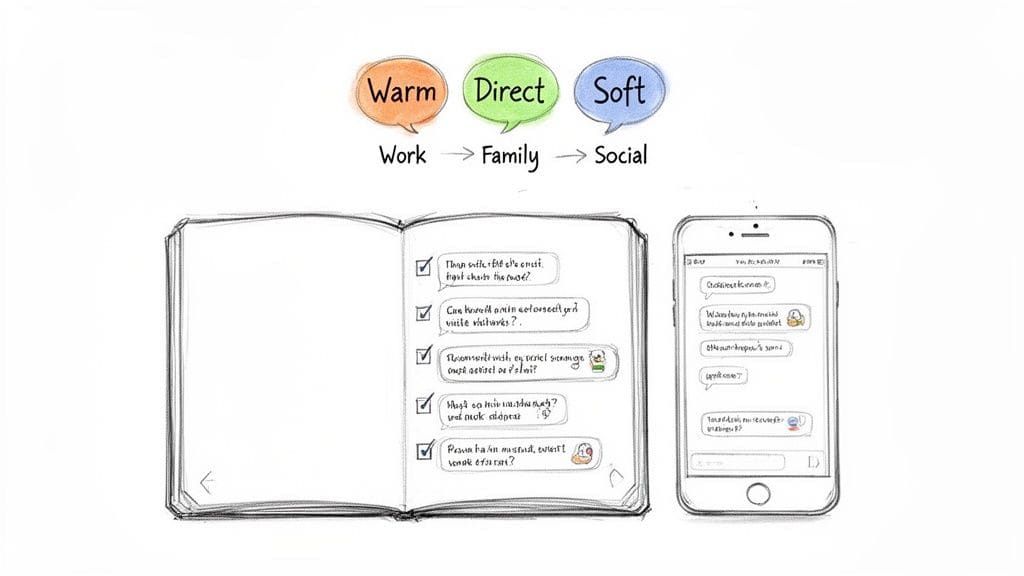 Diagram comparing communication styles (warm, direct, soft) for work, family, and social settings, with notebook and phone examples.