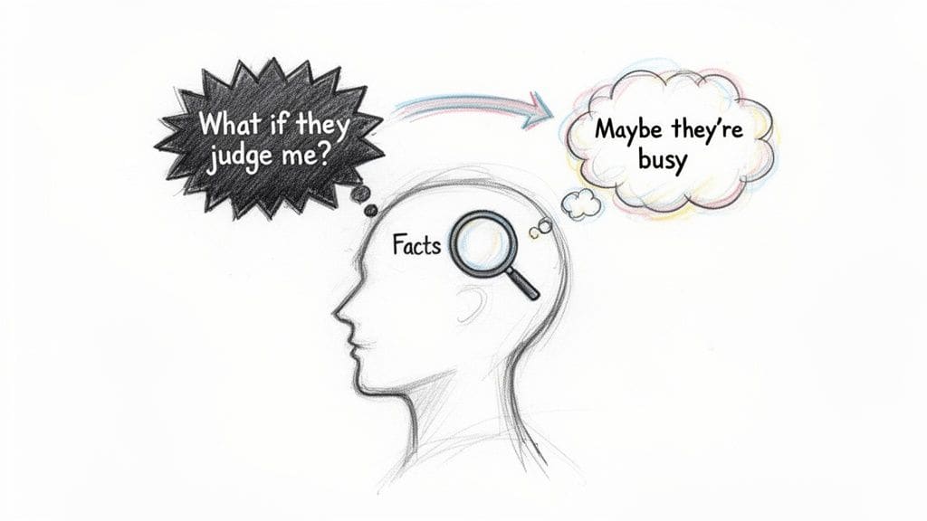 An illustration showing a person's thought process from anxious judgment to rational explanations using facts and alternative perspectives.