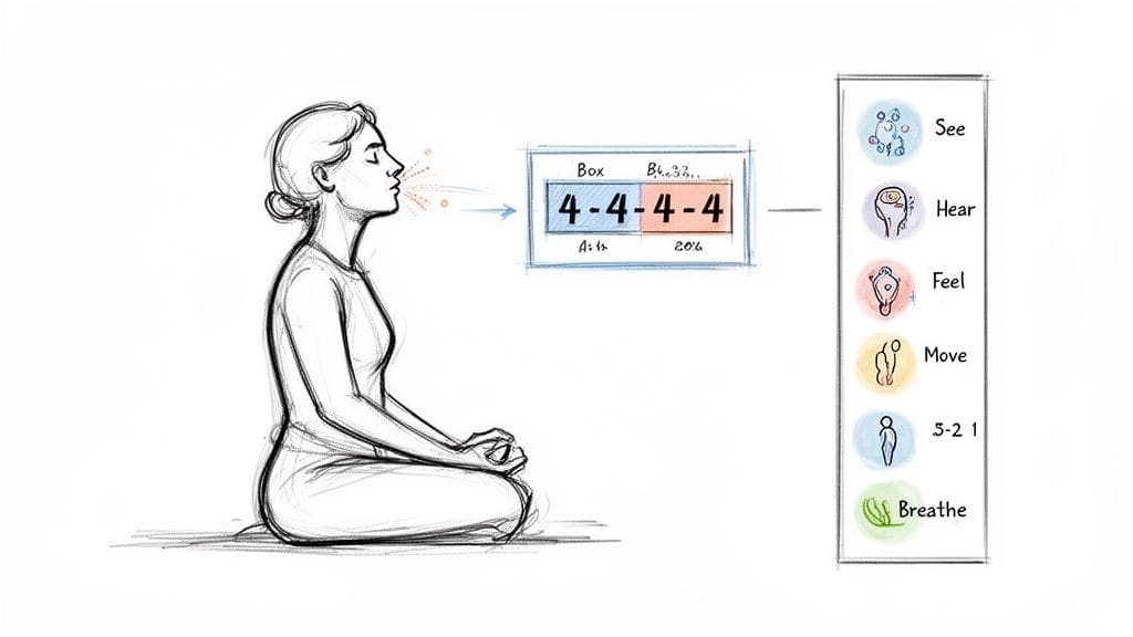 A sketch of a person meditating, demonstrating box breathing and sensory awareness techniques for nervous system regulation.